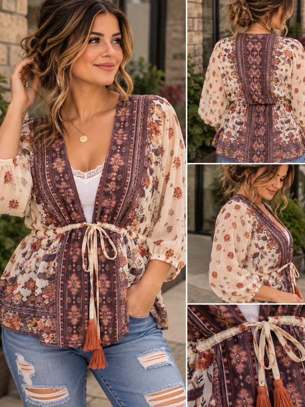 Live 4 Truth Boho Floral Tie-Waist Tunic - Cream & Brown